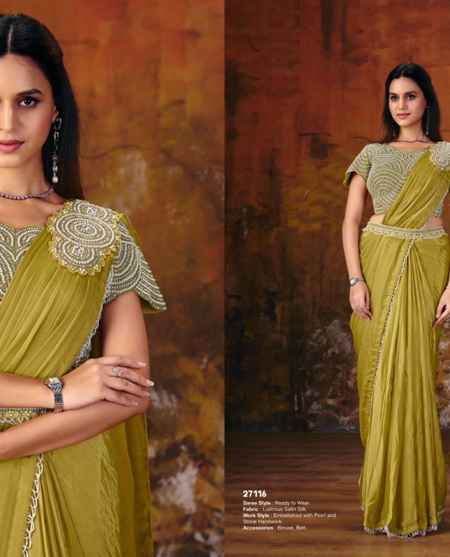 27116 - Yellow Embroidered Wedding Party Designer Saree